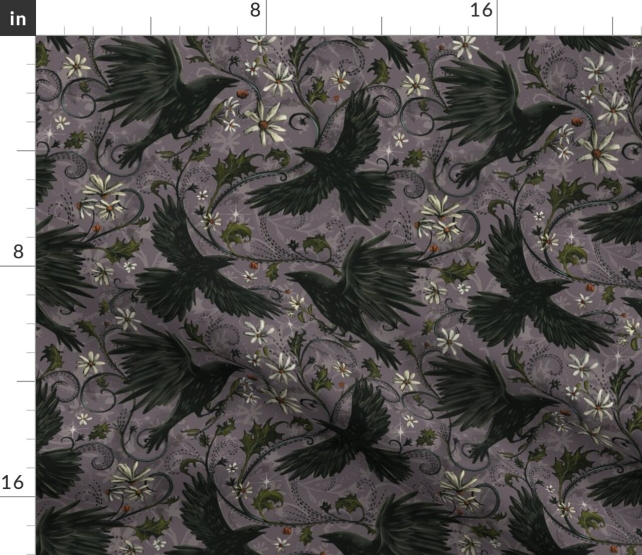 Gray Ravens Gothic Autumn Floral Halloween Bohemian Magic Dark Moody Corvid Custom Printed Fabric by Spoonflower Various Fabrics by the Yard or Fat Quarter